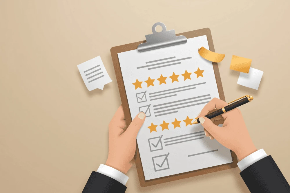 3D illustration of hands completing a 5-star customer satisfaction checklist — all boxes checked, two perfect ratings, representing Cleaning Chief NYC client reviews