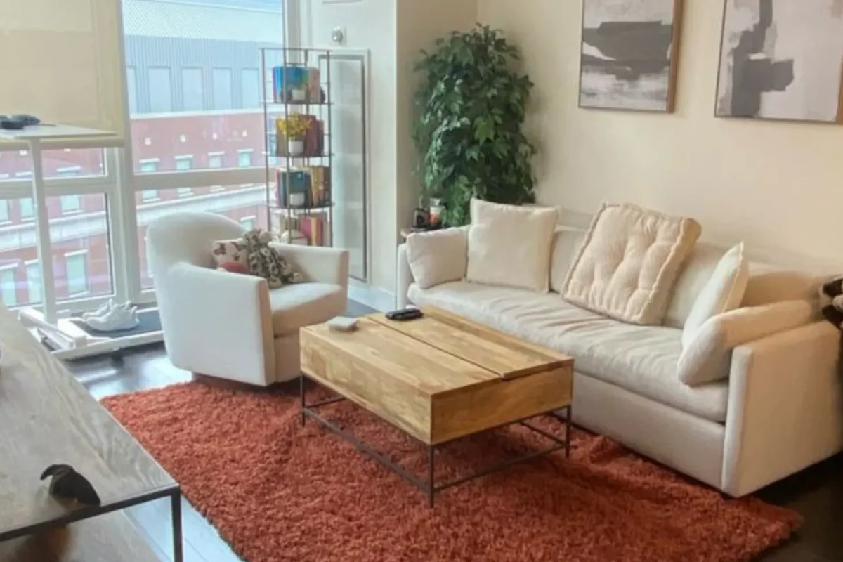 Clean and tidy Airbnb living room with sofa reset and all surfaces cleared, ready for next guest in NYC