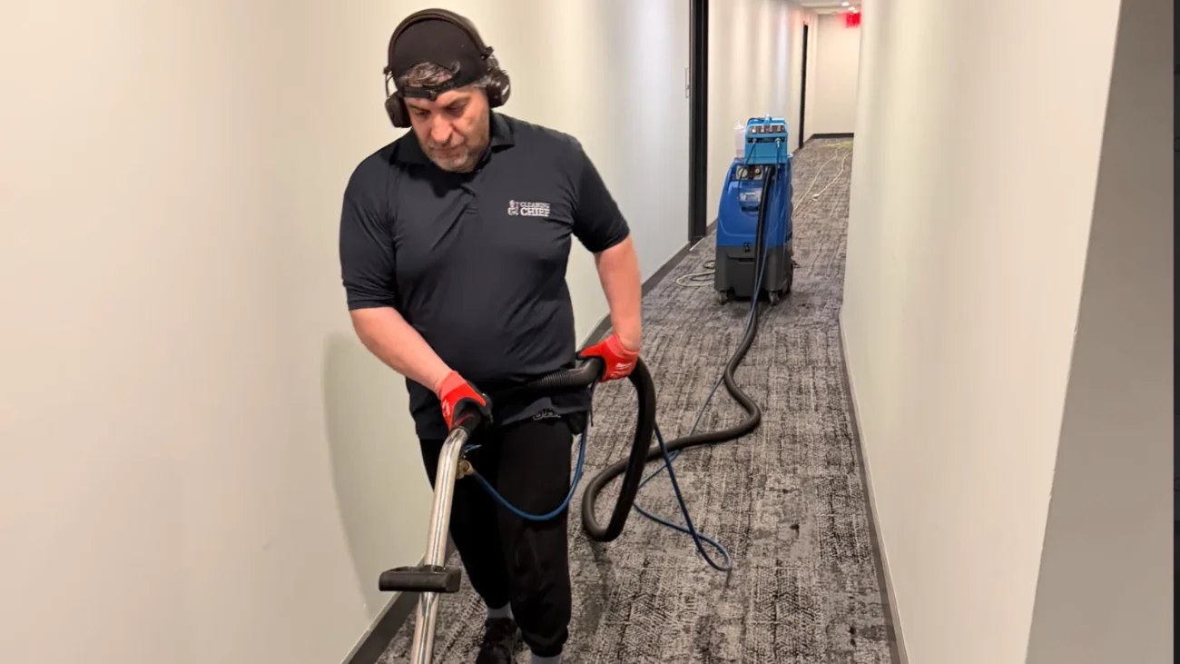 Cleaning Chief technician pulling carpet extractor hose down long commercial carpeted corridor with blue extraction machine in background