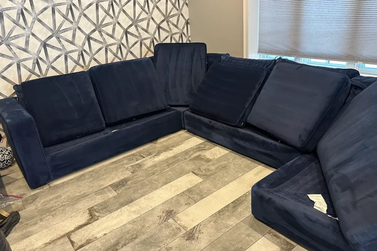 Blue sectional sofa clean and completely free of pet hair after professional upholstery cleaning in NYC