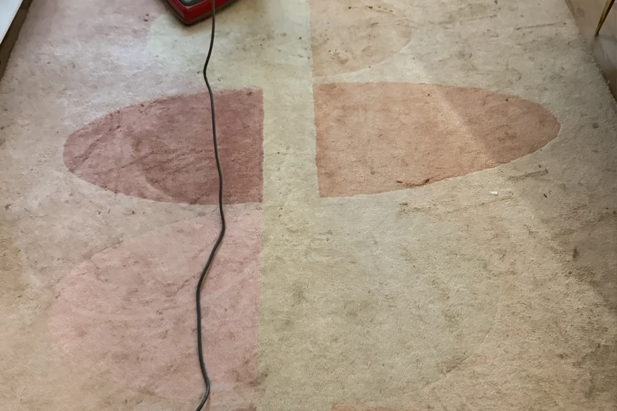 Area rug with pattern barely visible under heavy soiling and dark stains before carpet cleaning in NYC
