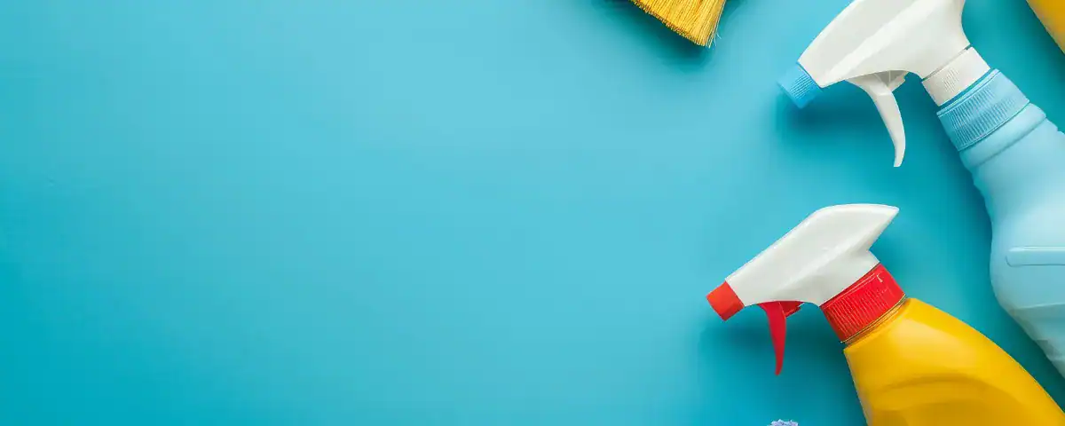 Cleaning spray bottles and brush arranged on a teal background — Cleaning Chief NYC