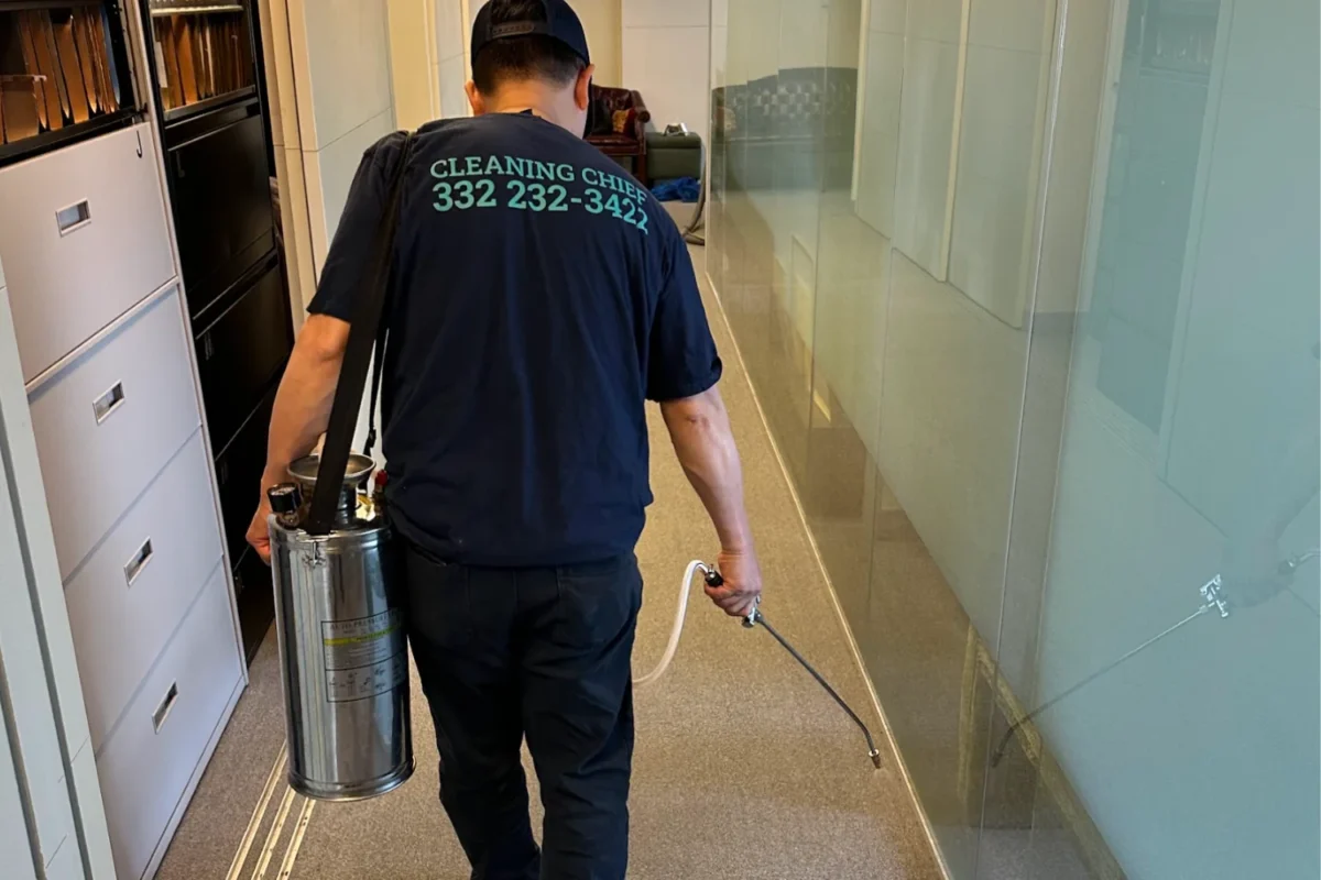 Cleaning Chief technician in branded uniform carrying steam cleaning equipment through a commercial hallway in New York City