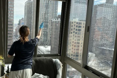 Cleaning Chief cleaner wiping the inside of a floor-to-ceiling window in an NYC high-rise apartment with a Manhattan skyline view