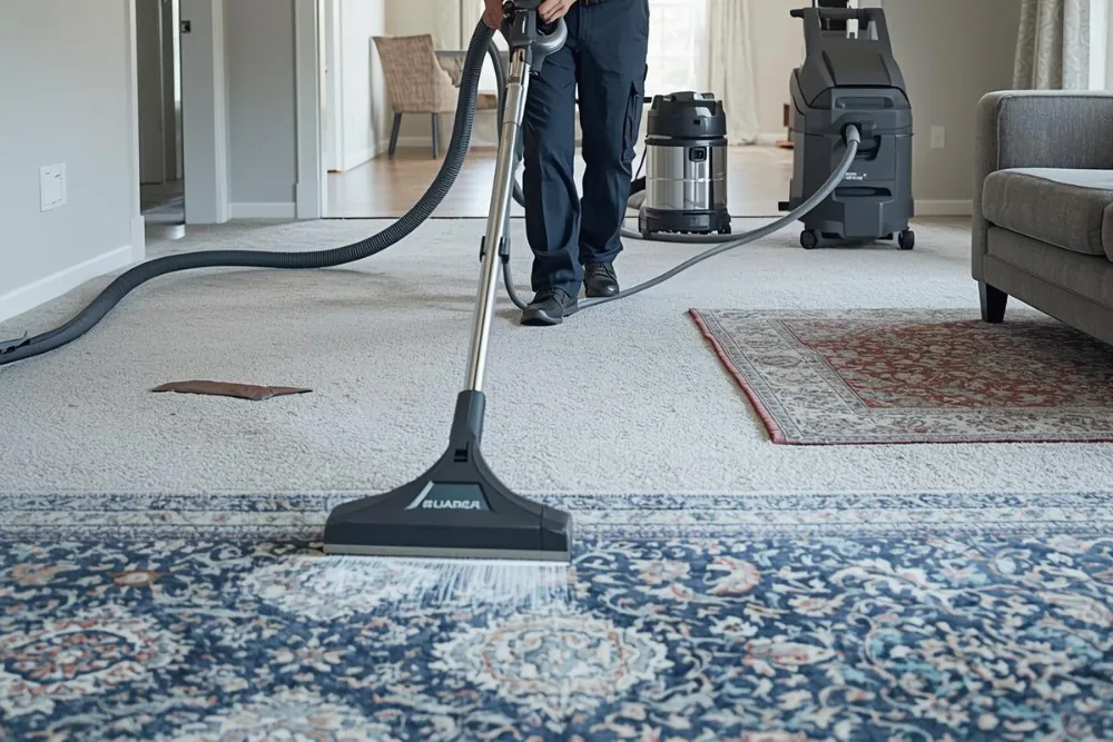 Cleaning Chief professional performing deep carpet extraction in NYC