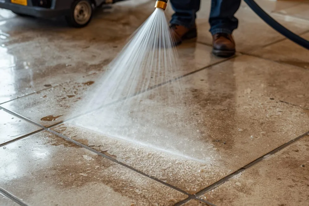 Cleaning Chief professional performing deep grout line cleaning in NYC
