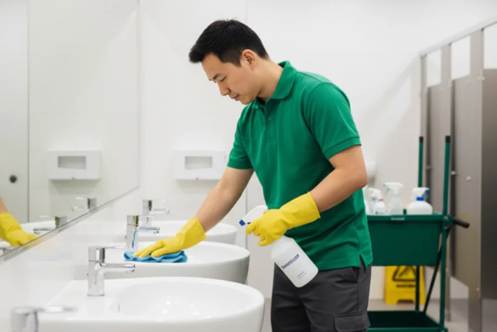 Cleaning Chief professional performing deep restroom scrub and sanitize in NYC