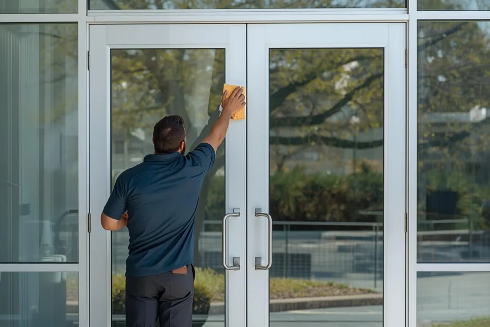 Cleaning Chief professional performing glass door cleaning in NYC