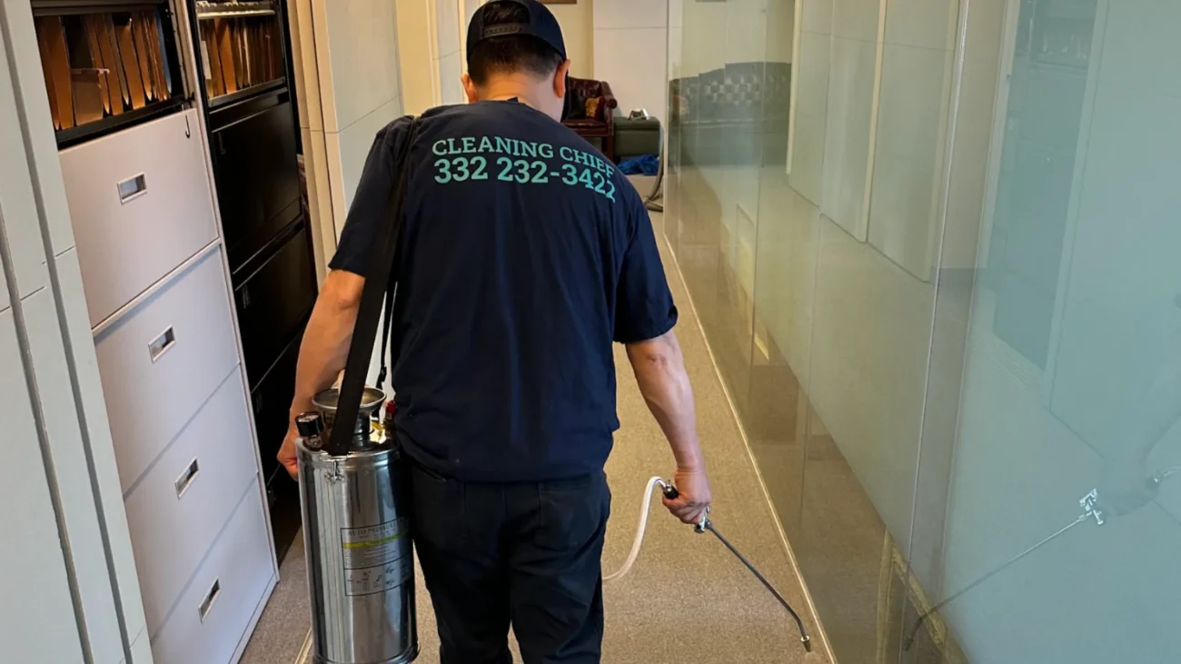 Cleaning Chief technician in branded shirt carrying stainless spray tank through glass-walled commercial corridor in NYC