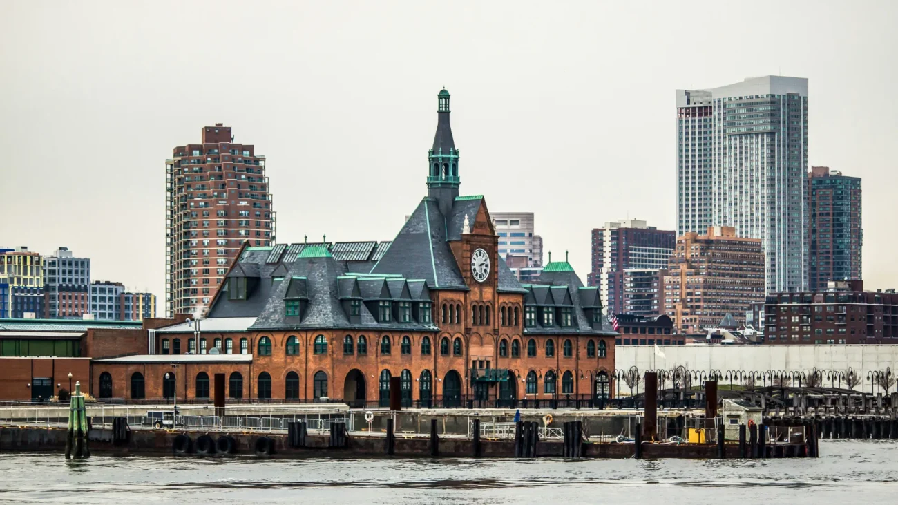 Historic Central Railroad of New Jersey Terminal at Liberty State Park with the Jersey City skyline behind