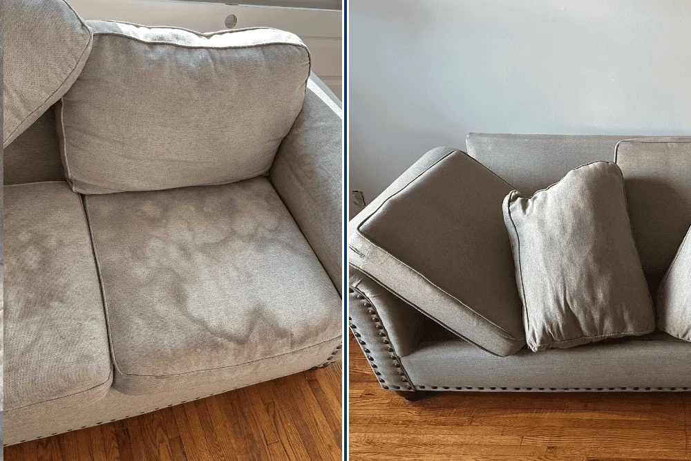 Side-by-side before and after of a linen couch steam cleaned by Cleaning Chief NYC — visibly cleaner fabric and restored texture