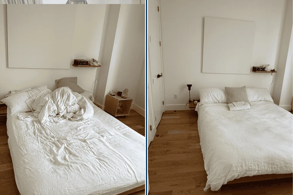 Cleaning Chief maid service technician making a bed to a crisp hotel-style finish in a New York City apartment bedroom