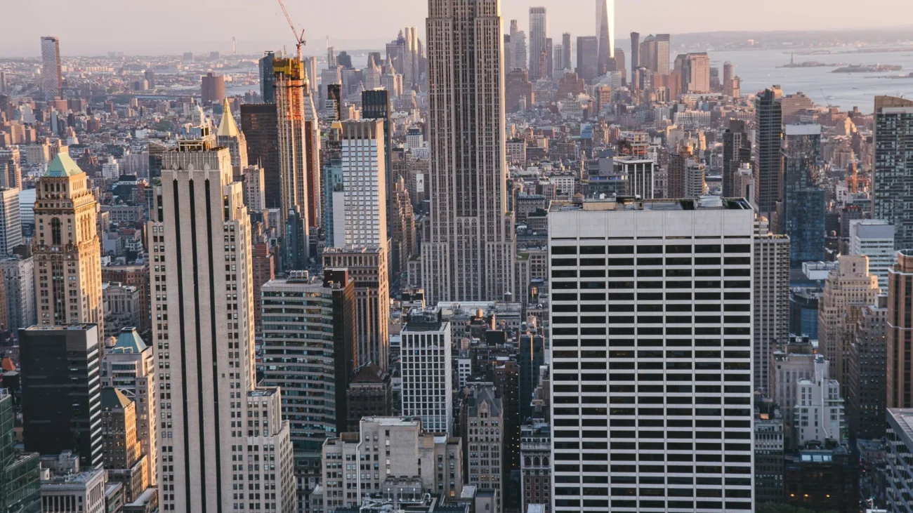 Aerial view of the Midtown Manhattan skyline at golden hour