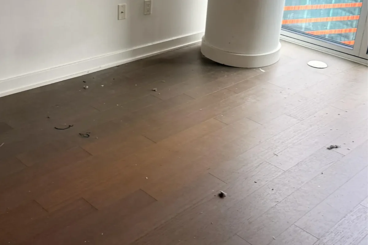 Empty NYC apartment room with dirt and debris scattered across hardwood floor before move-in cleaning