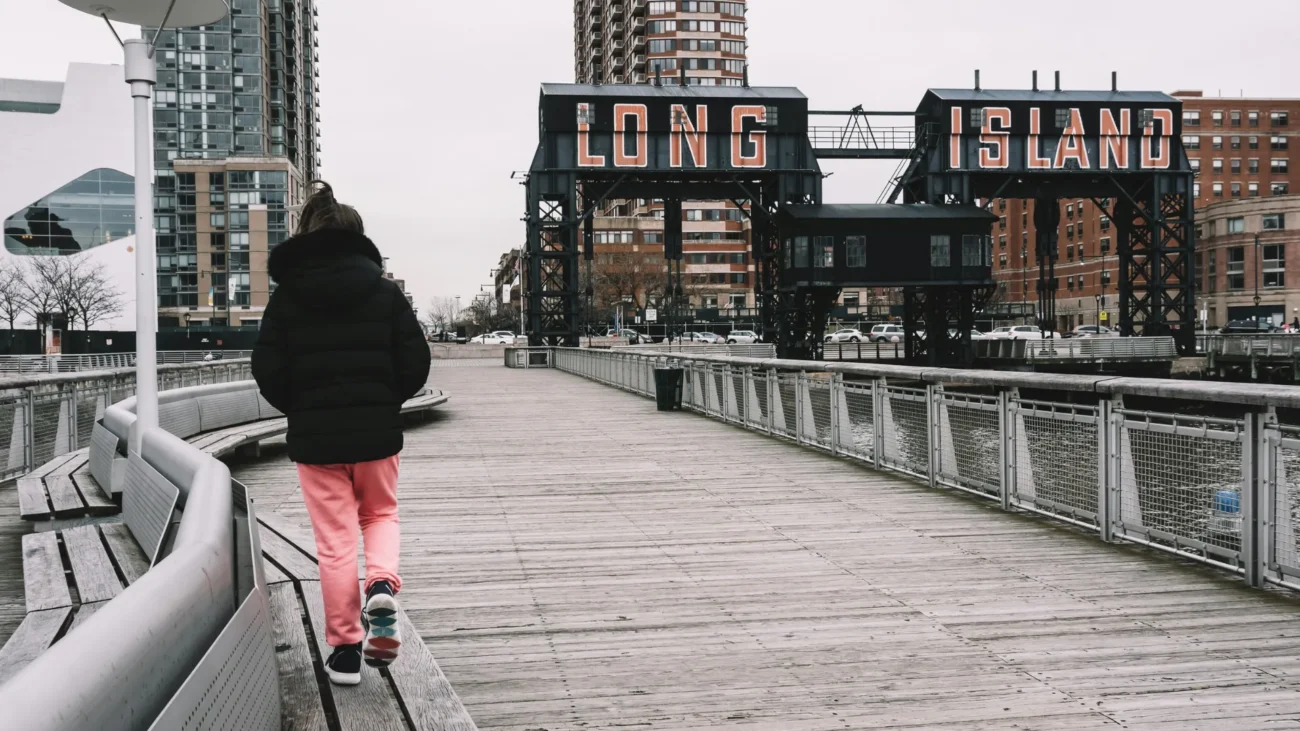 Long Island City waterfront with the iconic Long Island gantry signs at Gantry Plaza State Park