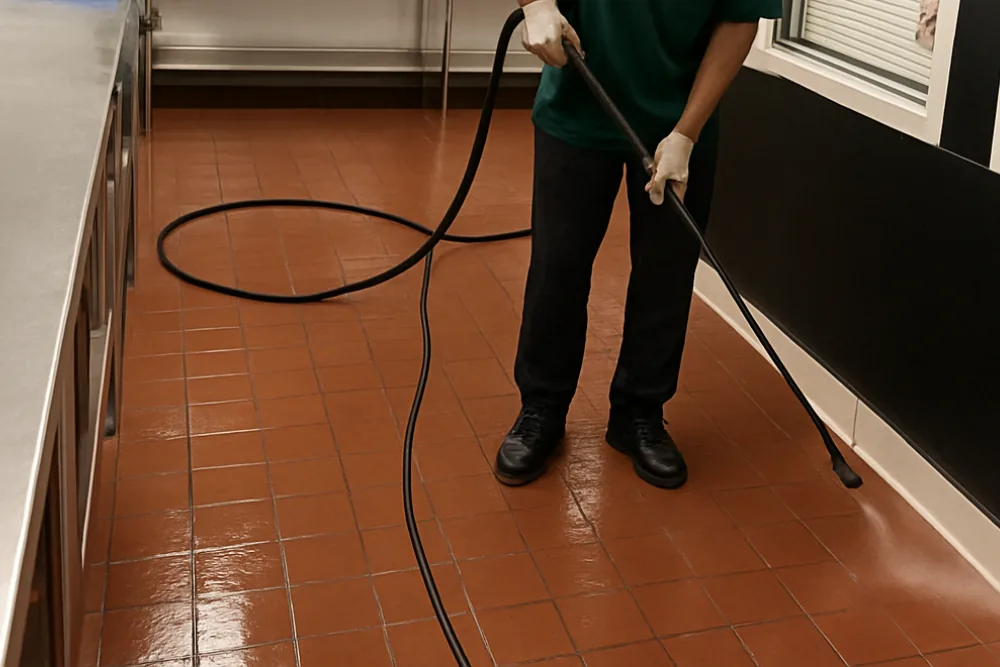 Cleaning Chief professional performing restaurant kitchen floor cleaning in NYC