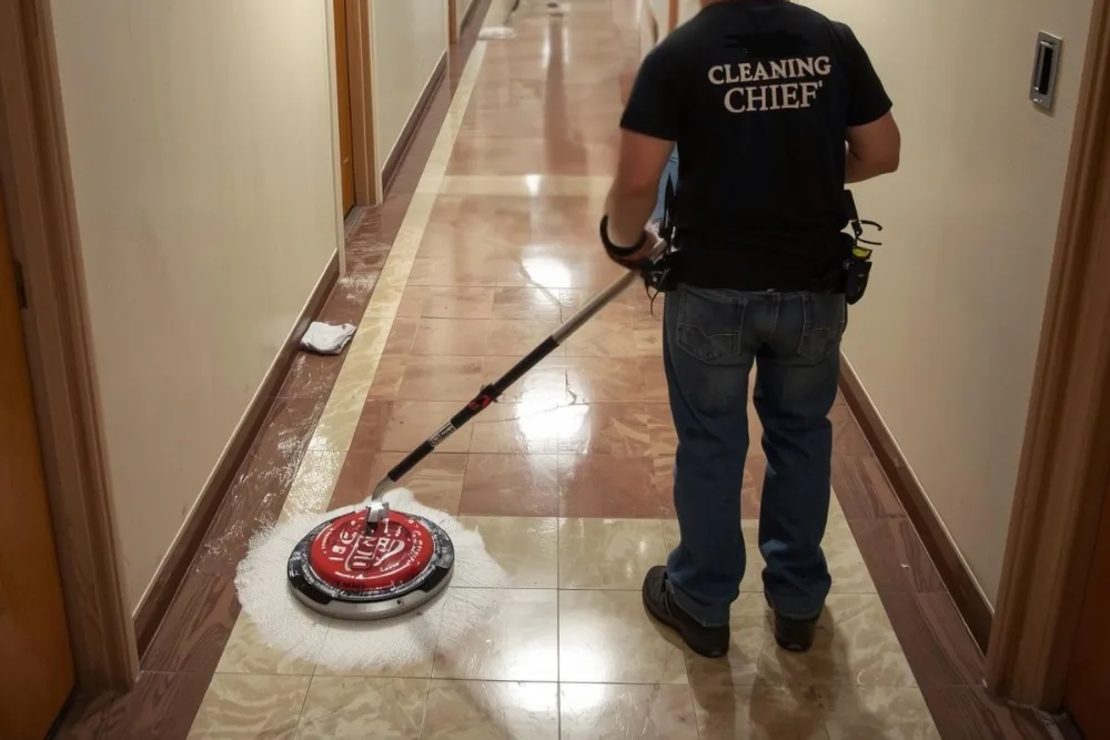 Cleaning Chief professional performing stairwell and hallway floor care in NYC