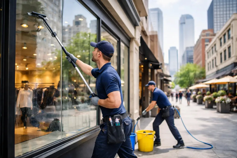 Cleaning Chief professional performing storefront glass and display windows in NYC