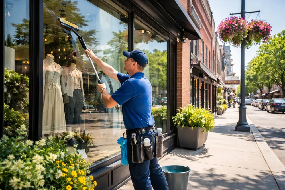 Cleaning Chief professional performing storefront glass detailing in NYC