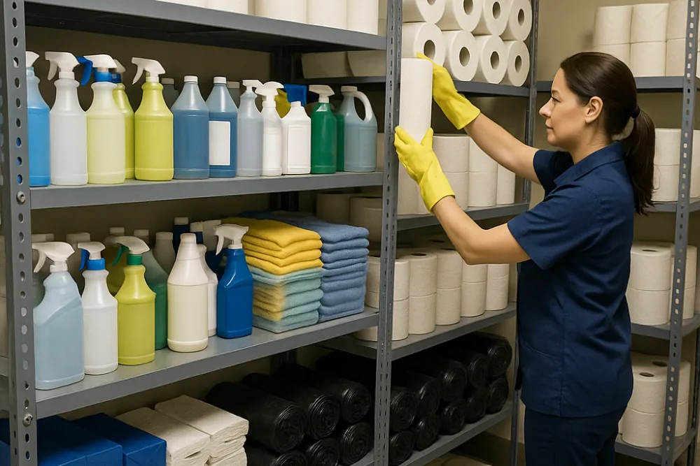 Cleaning Chief professional performing supply stocking and restocking in NYC