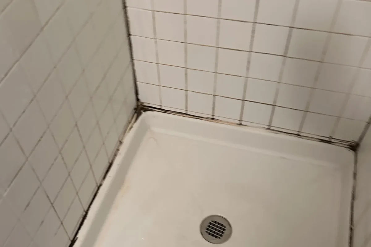 Shower stall with heavy black mold and mildew growth in grout lines before tile cleaning service in NYC