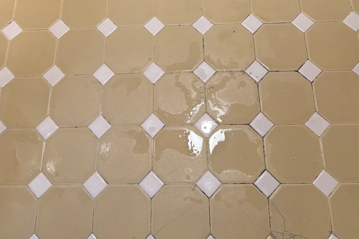 Classic octagonal tile floor with heavily stained grout lines and discolored tiles before cleaning in NYC
