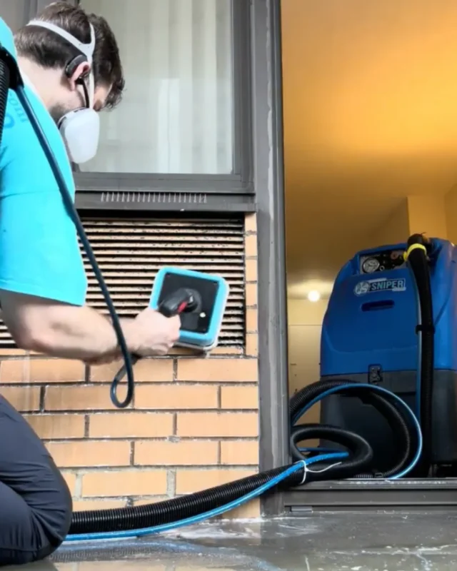 Cleaning Chief cleaner with respirator and professional tile machine scrubbing brick tile wall in NYC